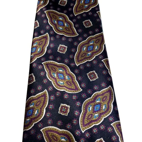 Camden Court Purple Gray Tan Metallic Short Print Polyester Tie - Picture 2 of 6